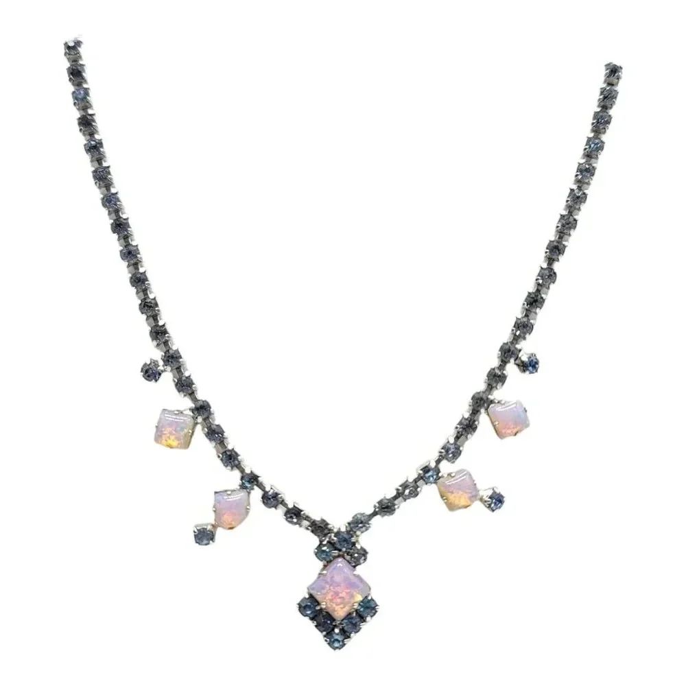 Blue Rhinestone Pink Faux Opal Art Deco Style Choker Necklace Silver Tone